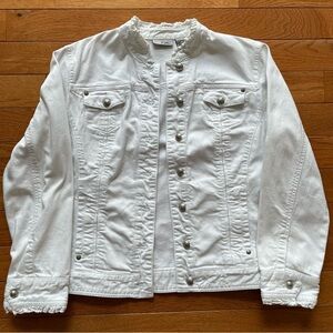 CHICO’S Platinum Denim Jean Jacket Mandarin Collar White 2 Size 12/14